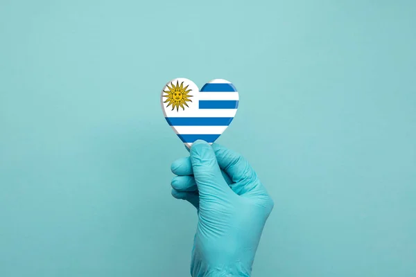 Manos con guantes quirúrgicos protectores que sostienen el corazón de Uruguay —  Fotos de Stock