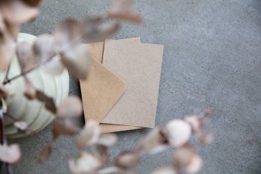 Kurumuş okaliptüs yapraklı boş Kraft kahverengi davetiye kağıdı
