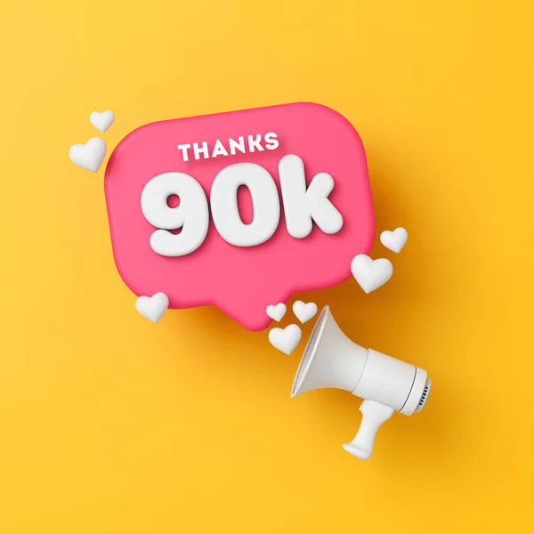 90 mil seguidores de las redes sociales gracias banner. Renderizado 3D — Foto de Stock