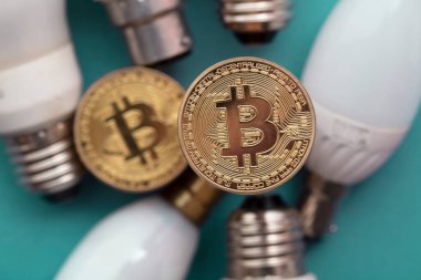 Bitcoin kripto eko sürdürülebilirlik kavramı. Ampullü sikke