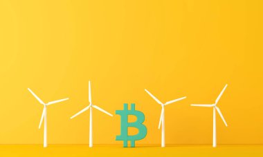 Bitcoin kripto-para eko etkisi. Rüzgar türbinli bitcoin. 3d oluşturma