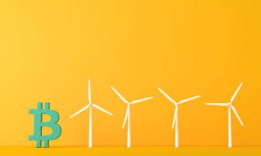Bitcoin kripto-para eko etkisi. Rüzgar türbinli bitcoin. 3d oluşturma