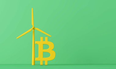 Bitcoin kripto-para eko etkisi. Rüzgar türbinli bitcoin. 3d oluşturma