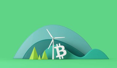 Yeşil eko manzarasında rüzgar türbini olan bitcoin. 3B Hazırlama