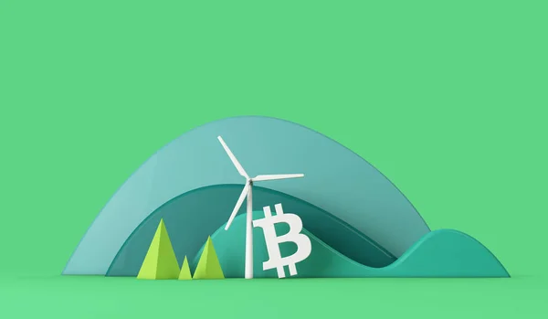 Bitcoin z turbiną wiatrową w zielonym ekologicznym krajobrazie. Renderowanie 3D — Zdjęcie stockowe