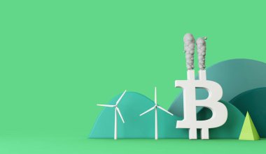 Bitcoin çevresel etkisi. Bitcoin logosunun kirliliği. 3B Hazırlama