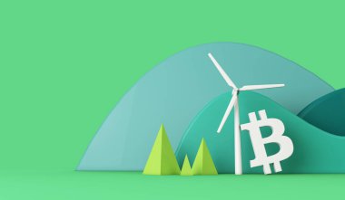 Yeşil eko manzarasında rüzgar türbini olan bitcoin. 3B Hazırlama
