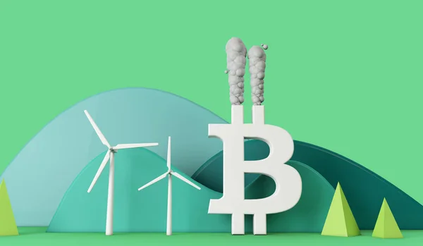 Impacto ambiental de Bitcoin. Contaminación por un logotipo de bitcoin. Renderizado 3D —  Fotos de Stock