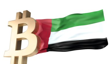 Üzerinde BAE bayrağı sallanan altın bitcoin kripto para birimi. 3B Hazırlama