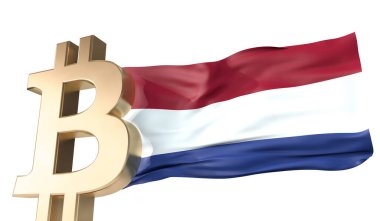 Üzerinde Hollanda bayrağı sallanan altın bitcoin kripto para birimi. 3B Hazırlama