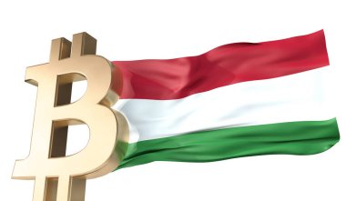 Üzerinde Macaristan bayrağı sallanan altın bitcoin kripto para birimi. 3B Hazırlama