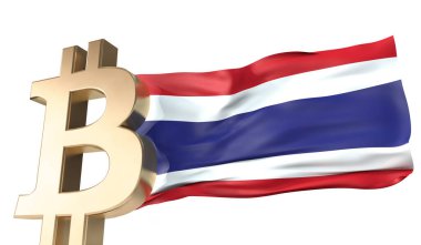 Üzerinde Tayland bayrağı sallanan altın bitcoin kripto para birimi. 3B Hazırlama