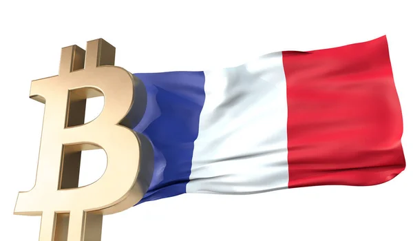 Bitcoin or crypto-monnaie avec un drapeau de la France ondulant. Rendu 3D — Photo