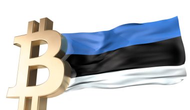 Üzerinde Estonya bayrağı sallanan altın bitcoin kripto para birimi. 3B Hazırlama