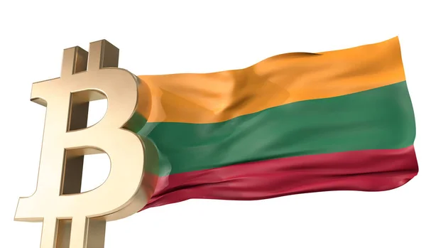 Gold bitcoin cryptocurrency with a waving Lithuania flag. 3D Rendering — Stock Photo, Image