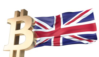 İngiliz bayrağı sallanan altın bitcoin kripto para birimi. 3B Hazırlama