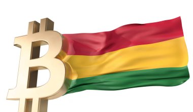 Üzerinde Bolivya bayrağı sallanan altın bitcoin kripto para birimi. 3B Hazırlama