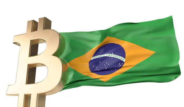 Guld bitcoin kryptovaluta med en viftande Brasilien flagga. 3D-återgivning — Stockfoto