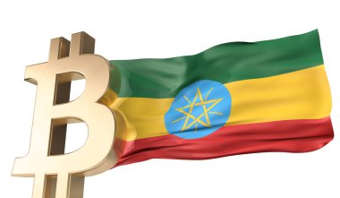 Etiyopya bayrağı sallanan altın bitcoin kripto para birimi. 3B Hazırlama