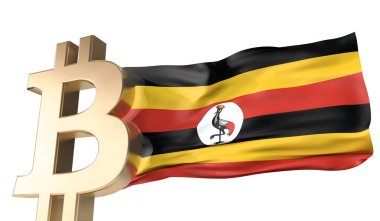Üzerinde Uganda bayrağı sallanan altın bitcoin kripto para birimi. 3B Hazırlama