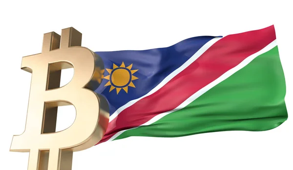 Guld bitcoin kryptovaluta med en viftande Namibia flagga. 3D-återgivning — Stockfoto