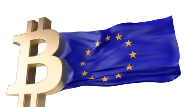 Üzerinde Avrupa bayrağı sallanan altın bitcoin kripto para birimi. 3B Hazırlama