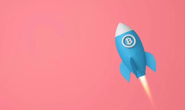 Cohete criptomoneda Bitcoin despegando a la luna. Renderizado 3D —  Fotos de Stock