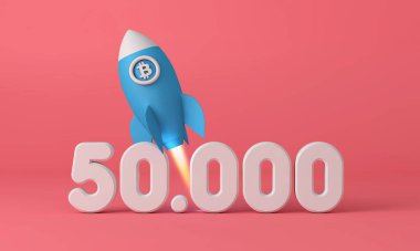 Bitcoin cryptocurrency rocket taking off to 50,000 price point. 3D Rendering clipart