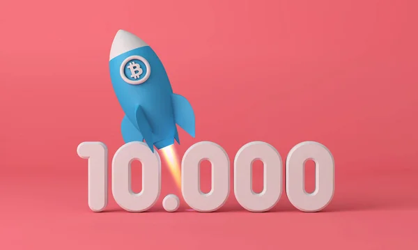 Bitcoin cryptocurrency rocket taking off to 10,000 price point. 3D Rendering — Stock Photo, Image