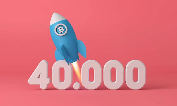 Bitcoin暗号通貨ロケットは40,000の価格ポイントに離陸します。3Dレンダリング — ストック写真