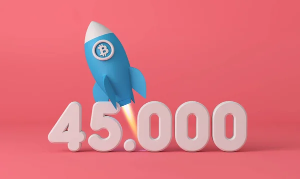 Bitcoin暗号通貨ロケットは45,000の価格ポイントに離陸します。3Dレンダリング — ストック写真