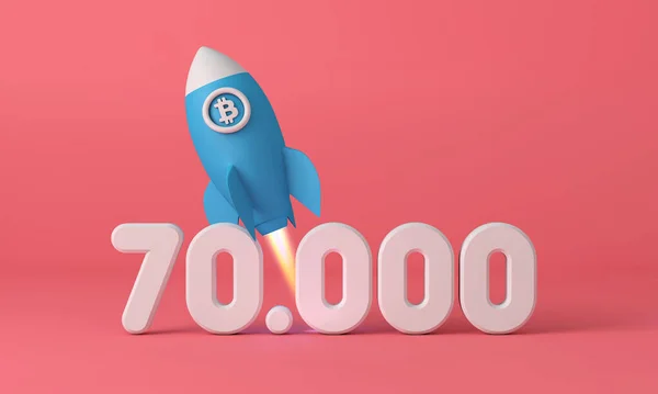 Bitcoin暗号通貨ロケットは7万価格ポイントに離陸します。3Dレンダリング — ストック写真