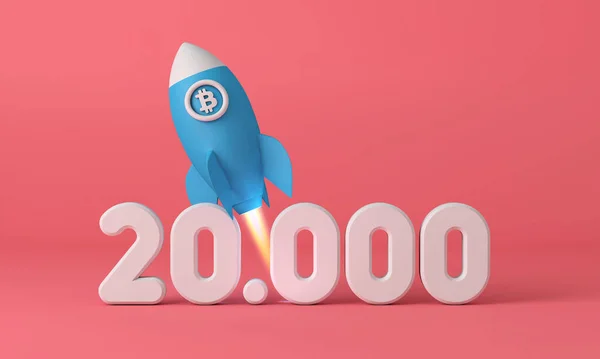 Cohete criptomoneda Bitcoin despegando a 20.000 punto de precio. Renderizado 3D —  Fotos de Stock