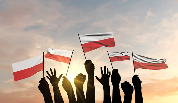 Silhouette of arms raised waving a Poland flag with pride. 3D Rendering — Stock Photo, Image