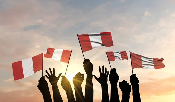 Silhouette of arms raised waving a Peru flag with pride. 3D Rendering — Stock Photo, Image