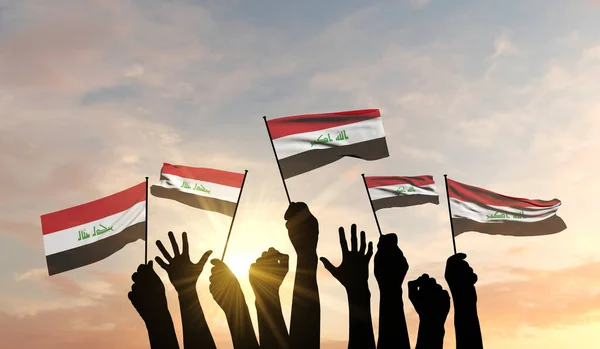 Silhouette broni podniósł flagę Iraku z dumą. Renderowanie 3D — Zdjęcie stockowe