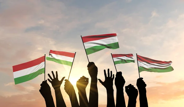 Silhouette of arms raised waving a Hungary flag with pride. 3D Rendering — Stock Photo, Image