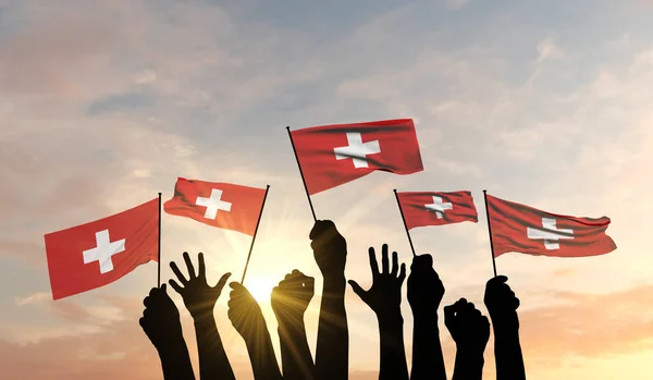 Silhouette of arms raised waving a Switzerland flag with pride. 3D Rendering — Stock Photo, Image