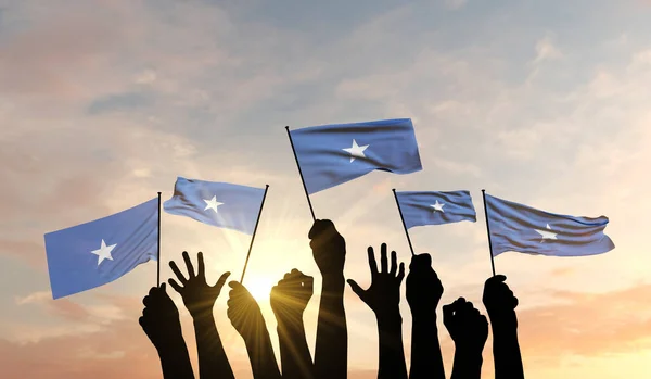 Silhouette of arms raised waving a Somalia flag with pride. 3D Rendering — Stock Photo, Image