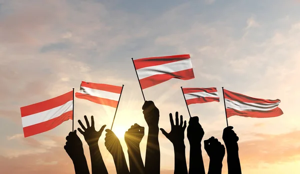 Silueta de armas izada ondeando una bandera de Austria con orgullo. Renderizado 3D — Foto de Stock