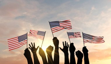 Silahların silueti Amerikan bayrağını gururla sallıyor. 3B Hazırlama