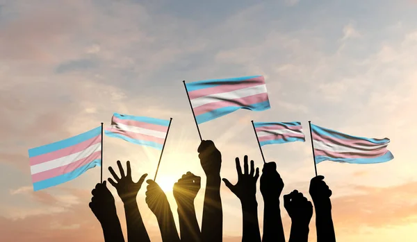 Silueta de brazos izada ondeando una bandera transgénero con orgullo. Renderizado 3D — Foto de Stock