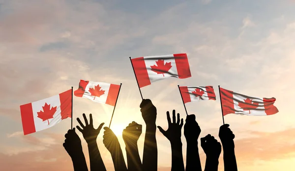 Silueta de brazos izada ondeando una bandera de Canadá con orgullo. Renderizado 3D —  Fotos de Stock