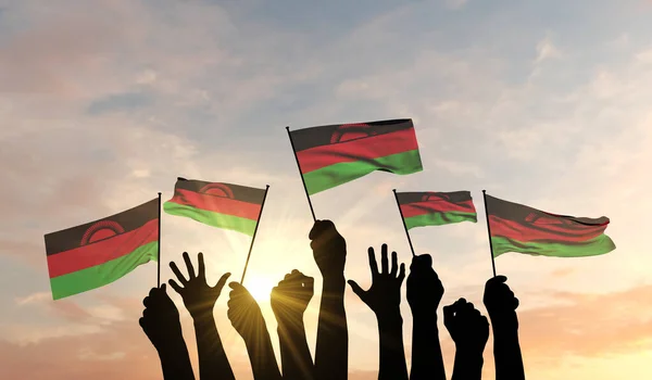 Silhueta de armas erguida acenando uma bandeira do Malawi com orgulho. Renderização 3D — Fotografia de Stock