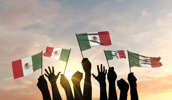 Vapensiluett lyfte en mexikansk flagga med stolthet. 3D-återgivning — Stockfoto