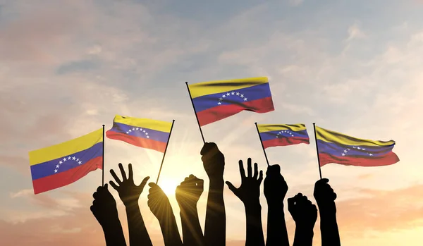 Η σιλουέτα των όπλων ύψωσε μια σημαία της Βενεζουέλας με υπερηφάνεια. 3D απόδοση — Φωτογραφία Αρχείου