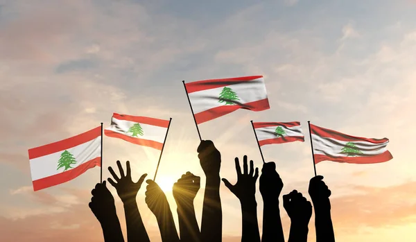 Silhouette of arms podniósł flagę Libanu z dumą. Renderowanie 3D — Zdjęcie stockowe