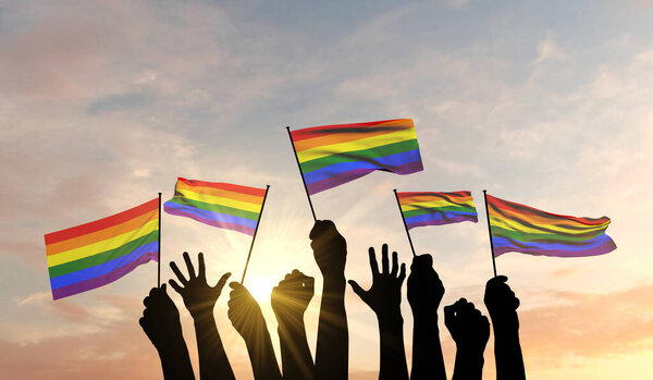Silhouette of arms raised waving a Gay rainbow flag with pride. 3D Rendering
