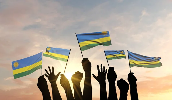 A fegyverek sziluettje büszkén lengetett egy ruandai zászlót. 3D Renderelés — Stock Fotó
