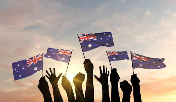 Silueta de brazos izada ondeando una bandera de Australia con orgullo. Renderizado 3D —  Fotos de Stock